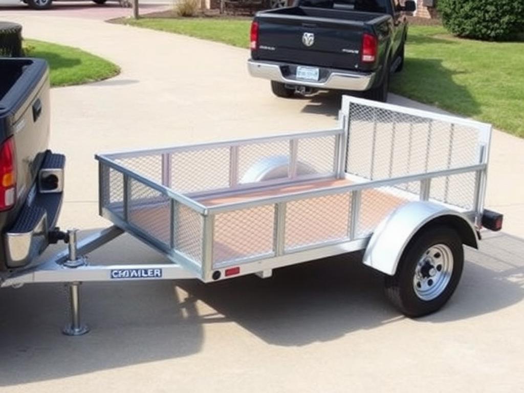 8 foot open utility trailer hitched to a pickup truck